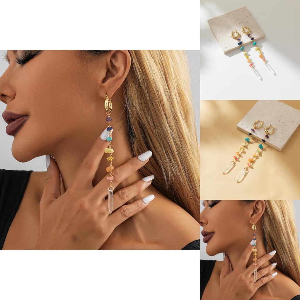 Chic Fall 2023 Colorful Long Natural Stone Earrings Irregular Shape For Trendy Women