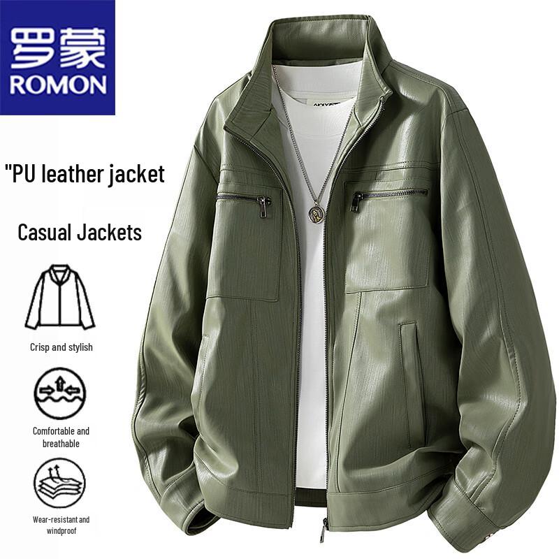 ROMON Men's Stand Collar Faux Leather Style Jacket