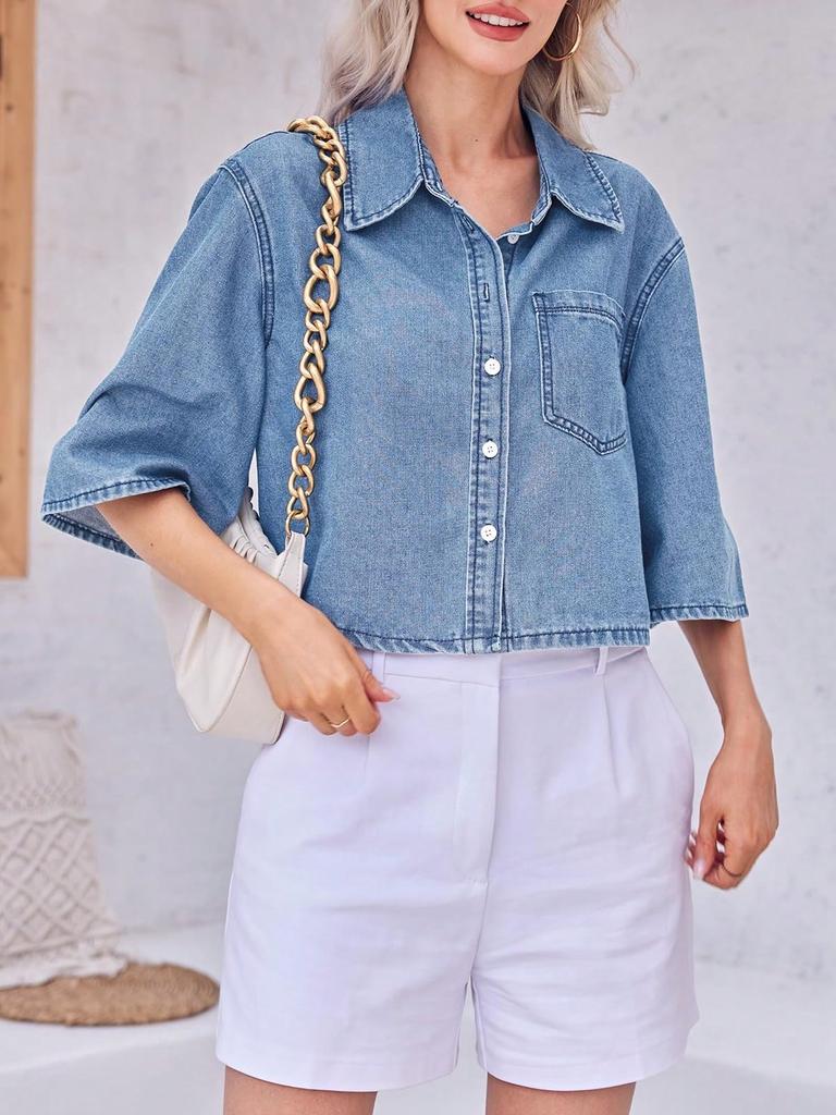 Womens Cropped Denim Shirt Jacket Half Sleeve Button Down Jean Jacket