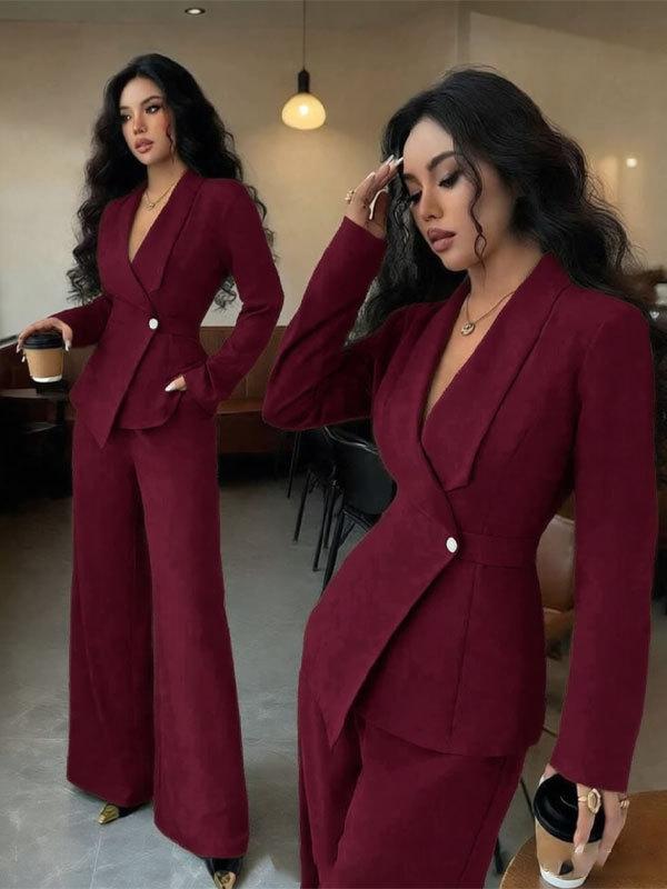 Women's Tailored V-Neck Blazer and Wide Leg Pants Suit Set