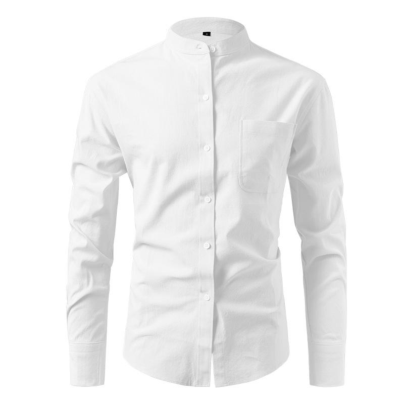 Men Stand Collar Solid Long Sleeve Shirt, Cotton Linen-like Breathable Casual Shirt Cross-border Men Top