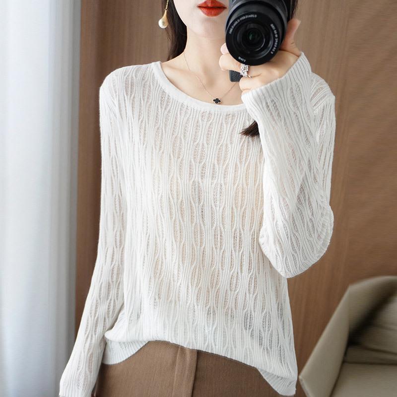 Women's High-Quality Round Neck Crochet Knit Pullover - Long Sleeve, Lightweight, Warm Wool Base Layer Top