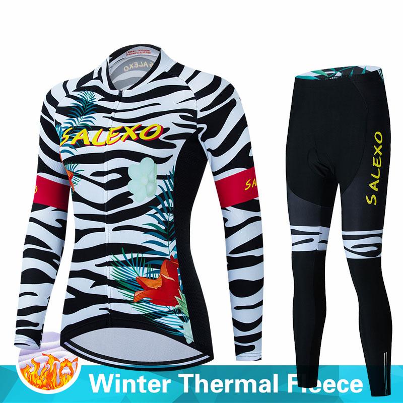 Warm 2023 Salexo Winter Thermal Fleece Cycling Clothes Women Jersey Suit Outdoor Bike MTB Clothing Bib Pants Set Ropa Ciclismo