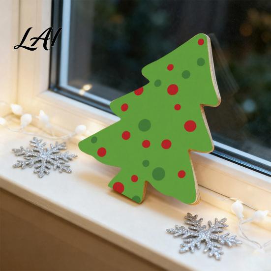 Christmas Tree Decorations Wooden Tabletop Decor Plaid Polka Dots Xmas Wood Signs Red Traditional Festive Ornaments Black Green Desktop Centerpieces
