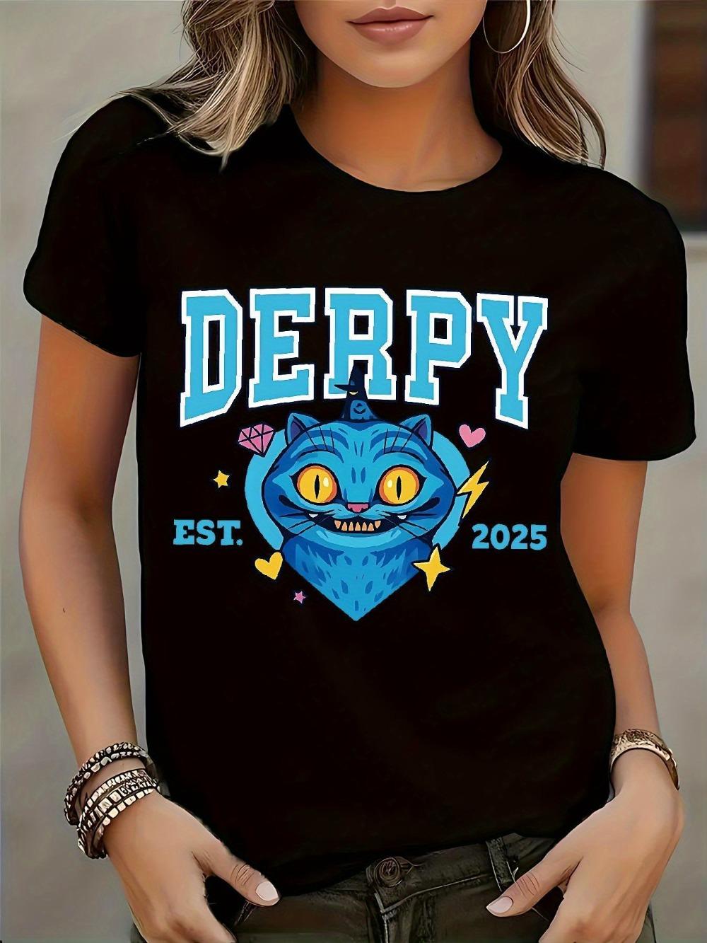 

Kpop Demon Hunter Women s Funny Derpy The Derby Graphic T-shirt Casual Round Neck Short Sleeve Tee With Cute Derby Cat Design 2XL