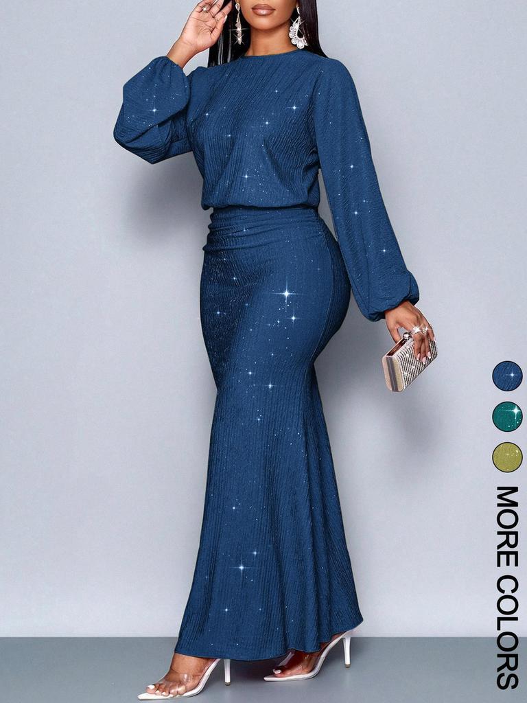 New Style Rhinestone Long Sleeve Fishtail Ruffles Pleated Dress