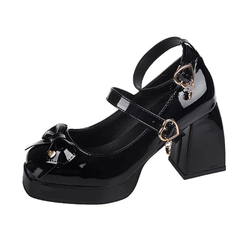 Fashion Women Pumps Mary Jane Lolita Shoes Gothic Chunky High Heel Platform Female Shoes Cosplay Black Punk Heart Buckle Heels Women