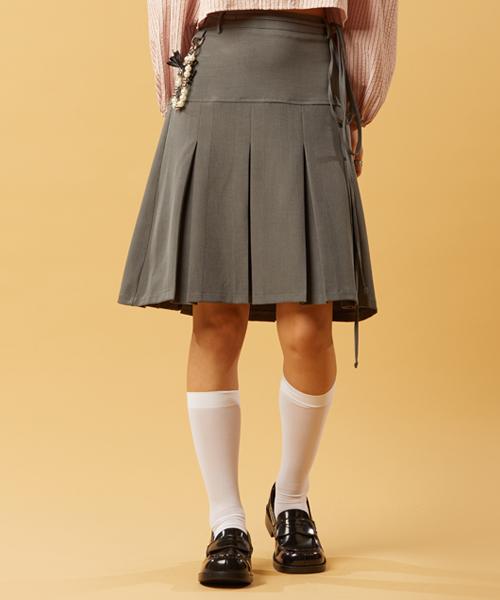 Collet Ribbon Keyring Midi Pleated Long Skirt [Gray]