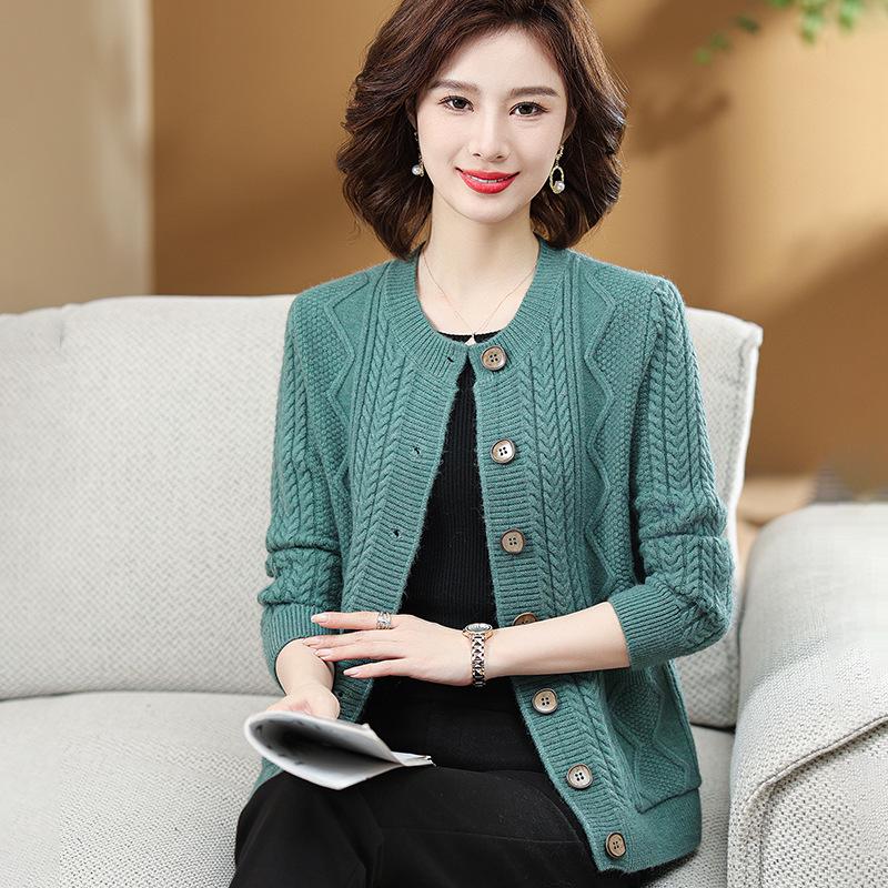 Cardigan a Maglia Grossa Autunno/Inverno per Donne di Mezza Età e Anziane - Girocollo, Manica Lunga, Colore Unito