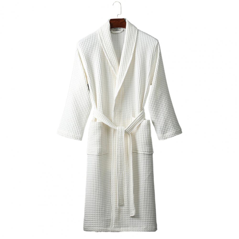 Bata de baño larga tipo gofre unisex para hombre con cuello en V, cordones, bolsillos, manga larga holgada, ropa de dormir, bata de baño de toalla para hotel