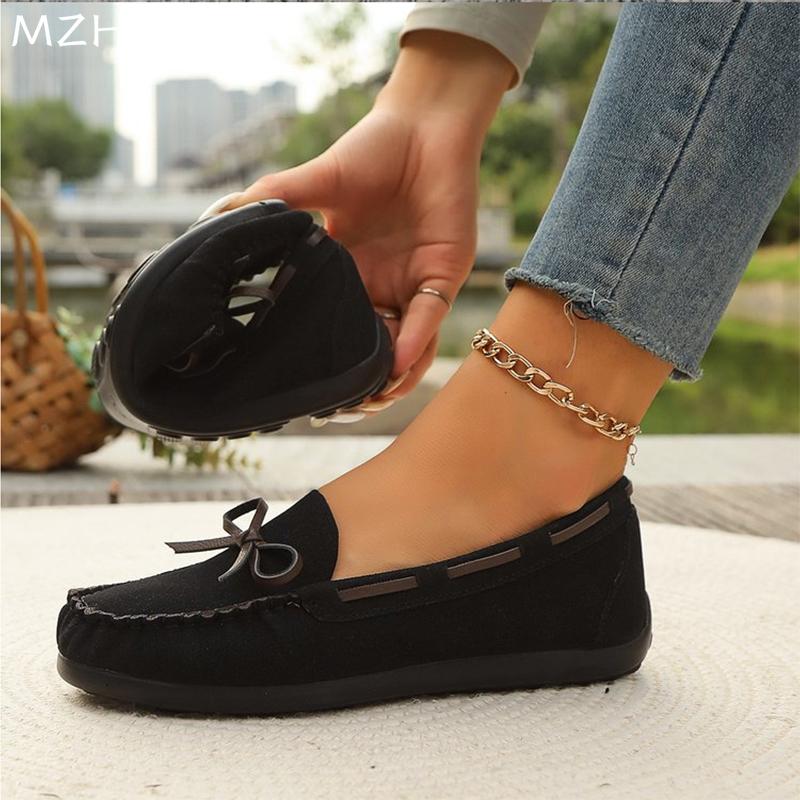 Модные женские замшевые туфли на плоской подошве с бантом — фото 5