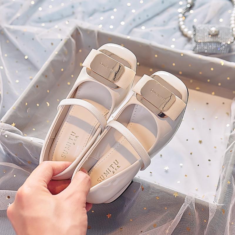 

2025 new girls leather shoes spring and autumn new French square head ballet shoes bow princess high heel casual shoes single 38 inner length 23.2cm абрикосовый