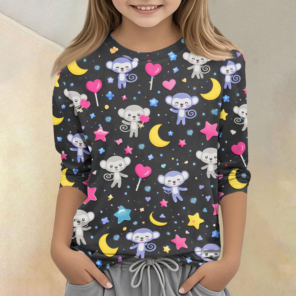 Children's Printed Round Neck Seven Quarter Sleeve Casual T-shirt