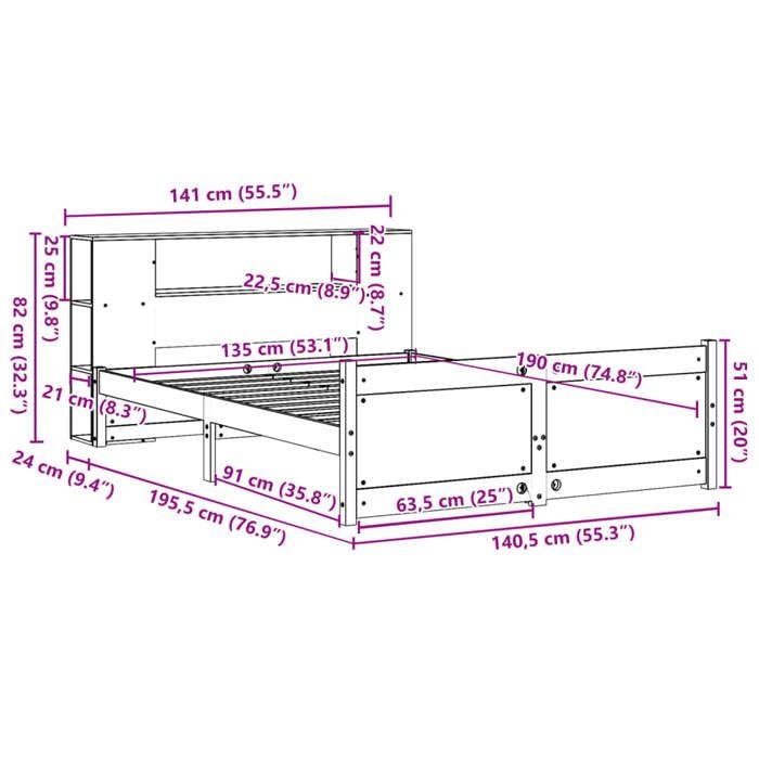VidaXL Lit bibliothèque sans matelas 135x190 cm bois de pin massif, lit, meuble de chambre à coucher, lit avec rangement, 3322431