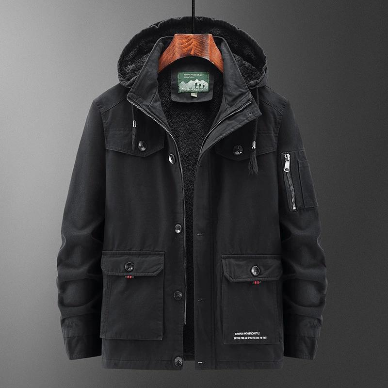 Autumn Winter Cotton Jacket Men's Oversized and Plush Thick Coat Workwear Jacket Multi Pocket Hooded Jacket