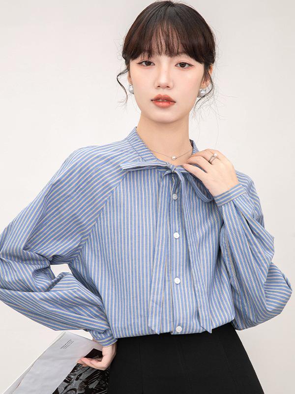 

Retro Blue Pinstripe Women s Petite Long Sleeve Shirt with Tie-Up Design Small