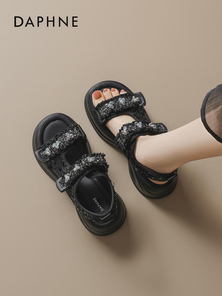 Daphne Women's Thick-Soled Sports Sandals with Rhinestones and Velcro Closure
