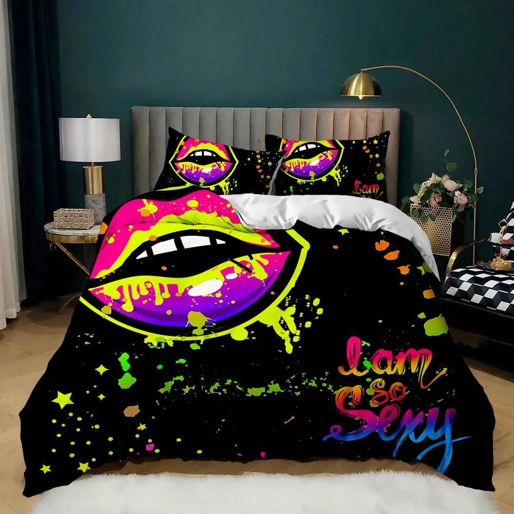 Lip Duvet Cover Set Golden Lip Bedding Set Sexy Adult Couple Twin Polyester Comforter Cover 3D Kiss Marks Double Queen King Size