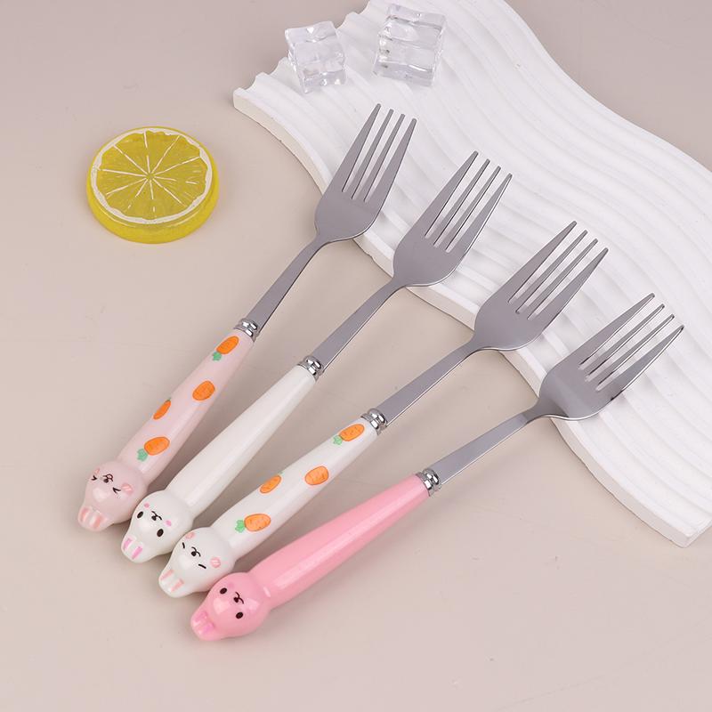 Sada nádobí s kresleným králíkem a lžící a vidličkou z nerezové oceli, hůlky, studentské přenosné nádobí, cestovní příbory s krabičkou
