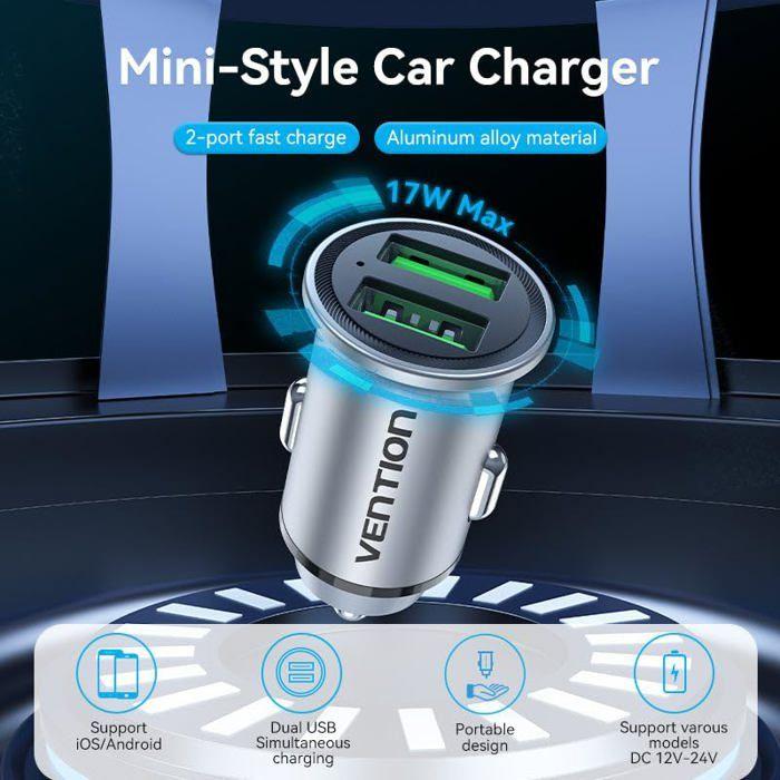 Chargeur de voiture USB - Vention - 2 ports USB - 30 W - FFAH0 - Entrée 12-24 V - Sortie 5 V 3 A - QC3.0/FCP/AFC/BC1.2