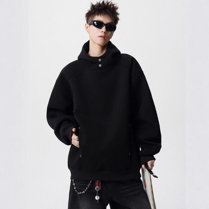 Thick Fleece-Lined Hooded Sweatshirt Unisex Oversized Winter Casual Pullover With Button
