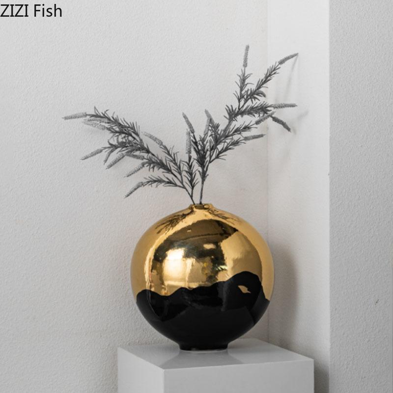 Creative Black Golden Ceramic Vase Desk Decoration Minimalism Ornaments Flowers Arrangement Floral Vases Room Aesthetic Decor
