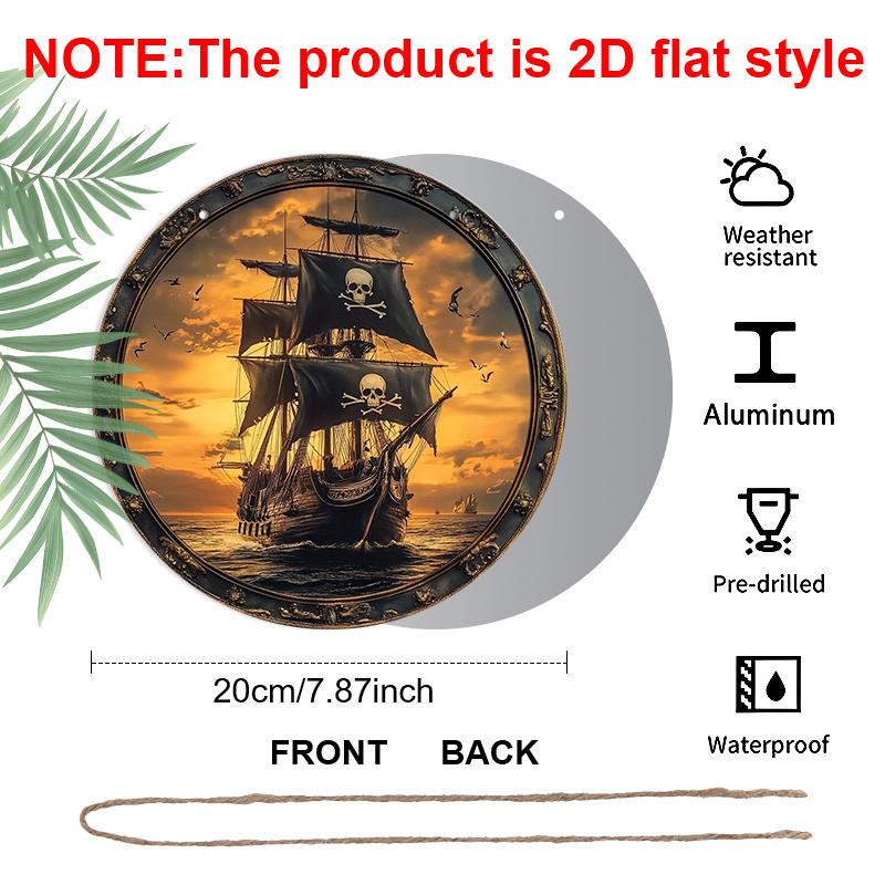 2D Flat, 1pc Vintage Pirate Ship Wall Decor - Round Aluminum Metal Nautical Sign, Jolly Roger Skull & Crossbones Wall Plaque, Suitable for Home, Bar