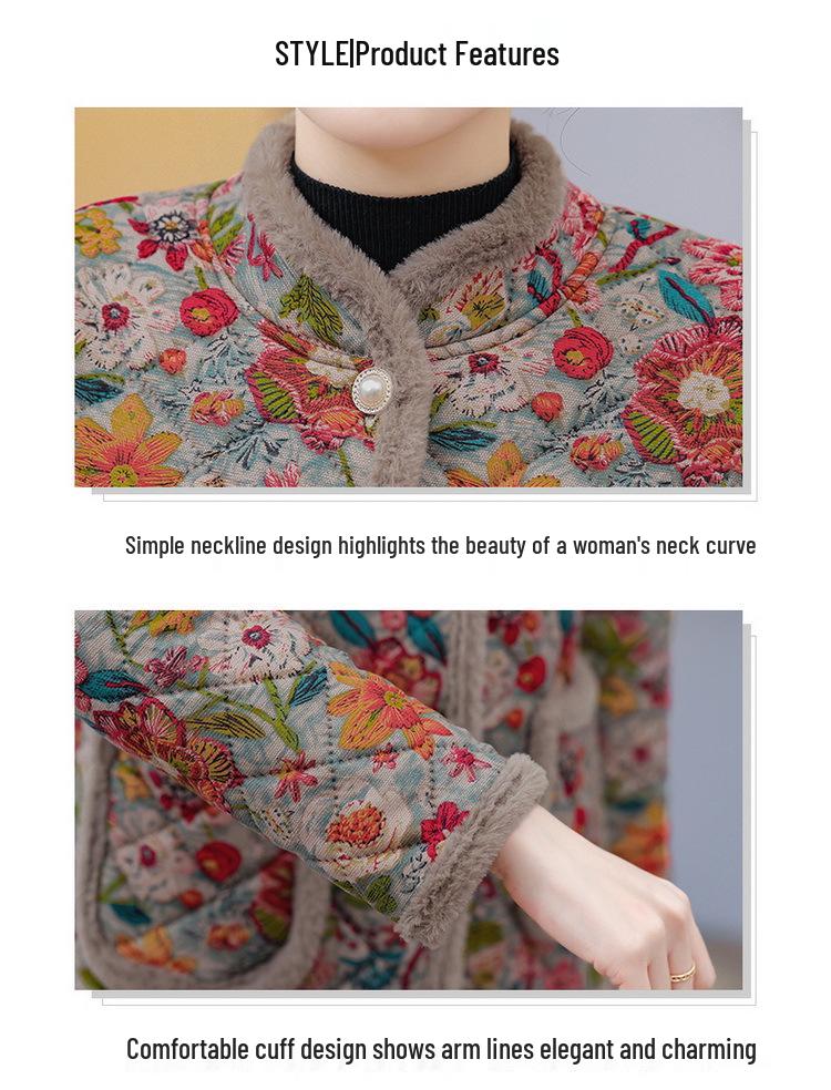 Winter Fashion Cotton Coat for Middle-Aged and Elderly Mothers, Plus Velvet Warmth, Slimming Style