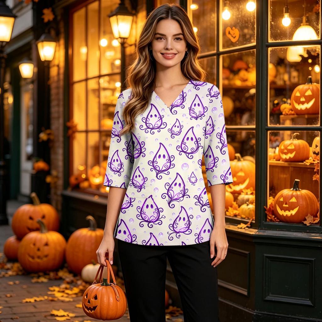 Women's Halloween Print V-Neck Uniform Top with Pockets and Side Slits, Three-Quarter Sleeve Casual Scrub