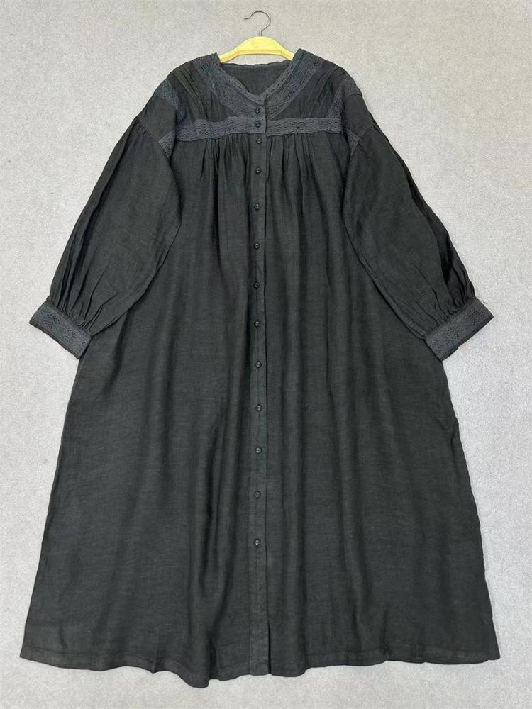 

Autumn Women Vintage Patchwork Dress French V Neck Lace Stitching Comfortable Loose Johnature Dresses One Size чёрный