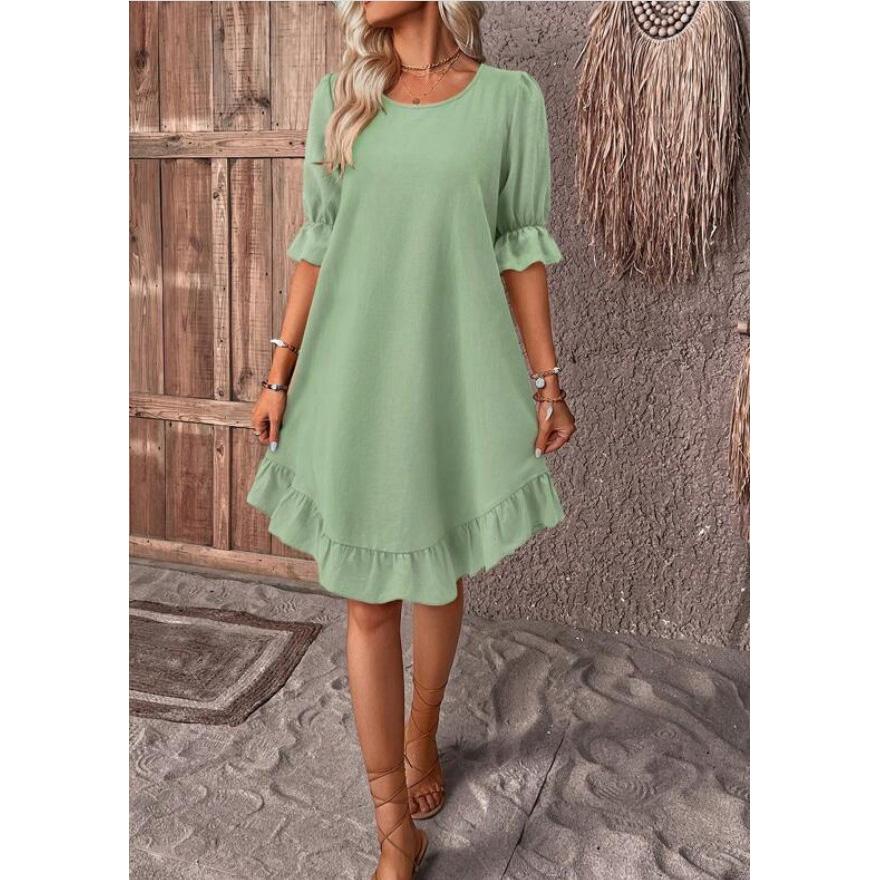 Women's Vintage Cotton Linen Medium Sleeve Round Neck Solid Colour Loose Swing Dress Women