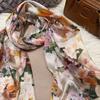 Bysifa|Beige Blue Silk Scarf Shawl Women Floral Print Scarf Cape Fall Winter 100% Mulberry Silk Long Scarves Summer Beach Shawls