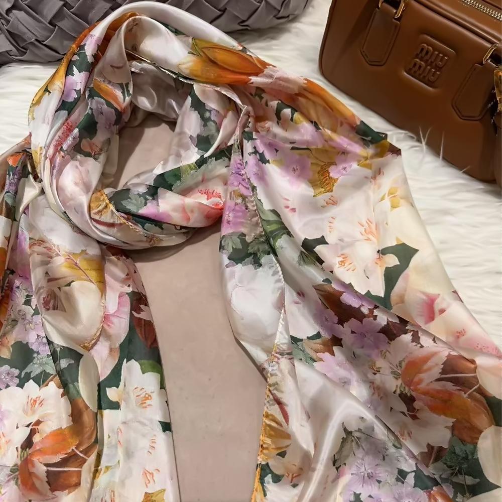 Bysifa|Beige Blue Silk Scarf Shawl Women Floral Print Scarf Cape Fall Winter 100% Mulberry Silk Long Scarves Summer Beach Shawls