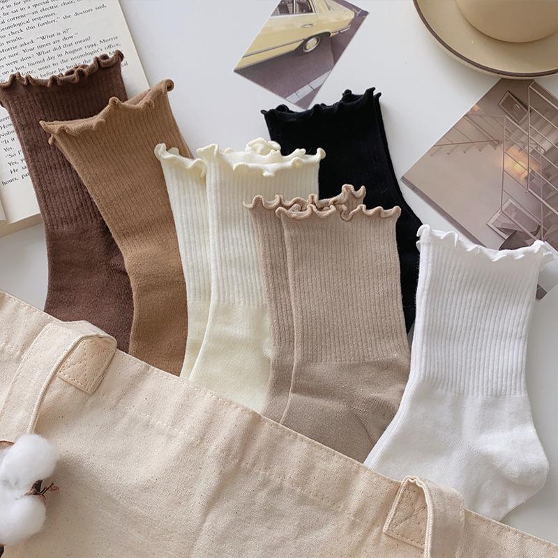 Women's Pure Cotton Mid-Calf Lace Socks, Solid Color, Spring/Autumn, Japanese JK Style, Versatile.