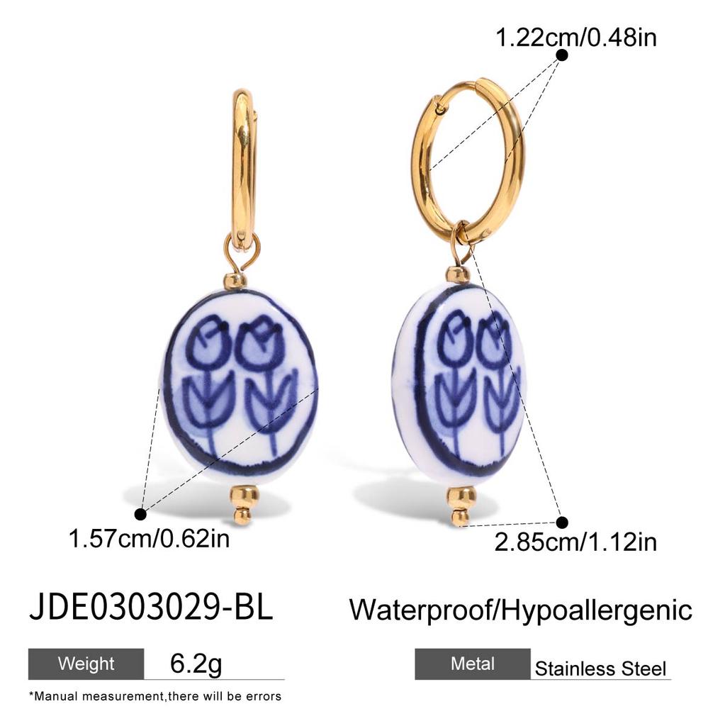 Youthway Hand Drawn Flower Ceramic C-Shaped Earrings Gold Plated Stainless Steel Minimalist Anti Allergic Women Jewelry Gift