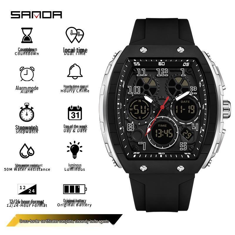 Sanda Men s Barrel-Shaped Multifunctional Waterproof Sports Watch
