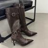 2025 Autumn and Winter New Rivet Belt Buckle High Boots Women's Shoes Pointed Fashion Thin High Heel Elastic Thin Boots Long Boots