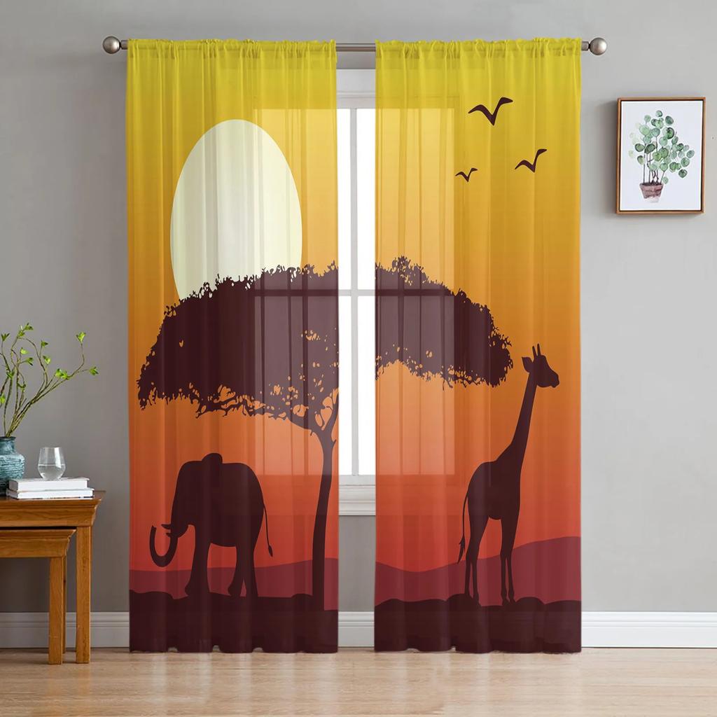 Dusk Elephant Giraffe Sun Christmas Tree Fine Netting Transparent Drapes Perfect for Living Room Decoration Window Panel Curtain for Bedroom Voile