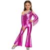 Girls Pageant & Stage Romper: Metallic Shiny Off Shoulder Jumpsuit with Sequin Tassels & Bell Bottom Legs for Disco