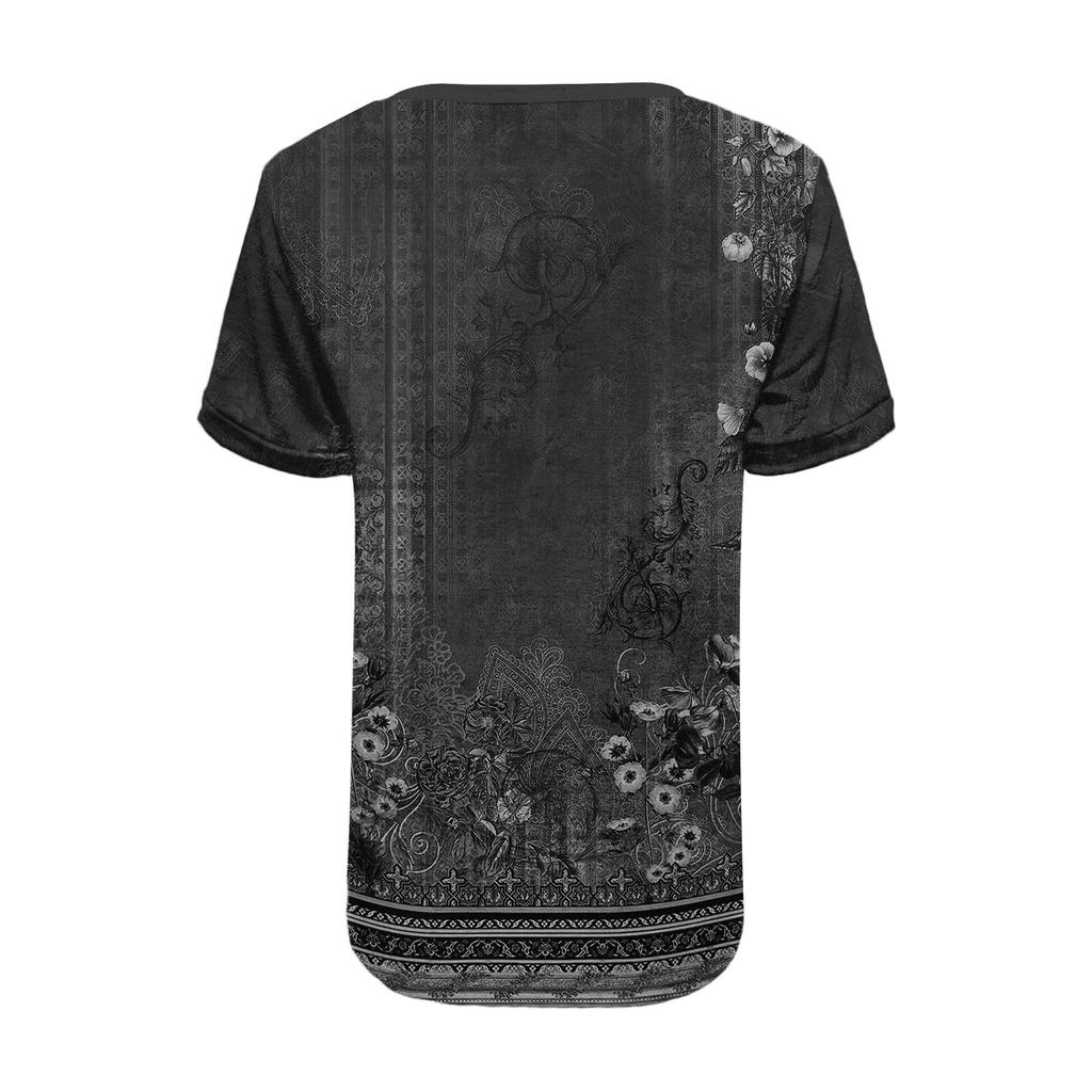 Damska Modna Casualowa Letnia Retro Nadruk Dekolt V Guziki Krótki Rękaw Góra