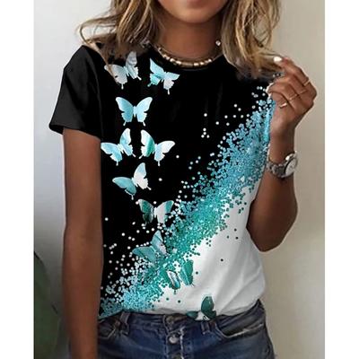Damen Sommer T-Shirt Trend Schmetterlingsdruck Retro Mode Kurzarm Tees Lässig Bedruckte Oberteile