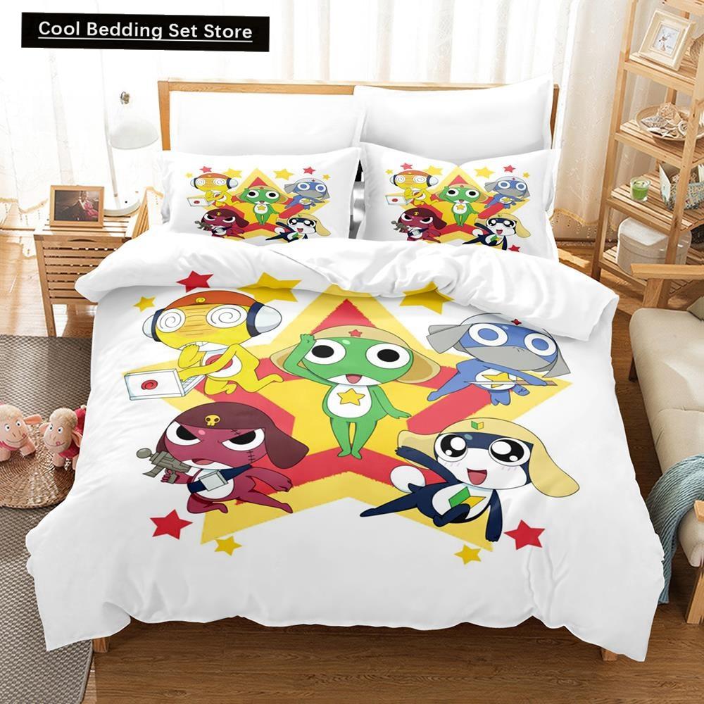 3D Kawaii Cartoons Bed Sheet Keroro Frog Bedding Set Single Twin Full Queen King Size Bed Set Adult Kid Bedroom Duvet Cover Sets
