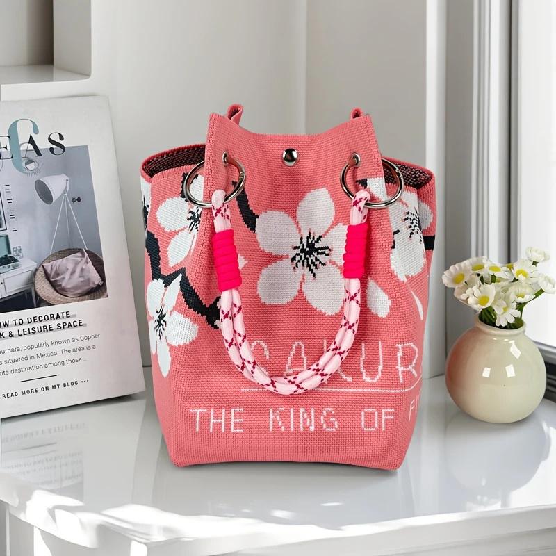 Women'S Vintage Floral Knit Tote Bag Storage Bag Lightweight With Adjustable Straps & Metal Rings Snap Closure For Casual Travel