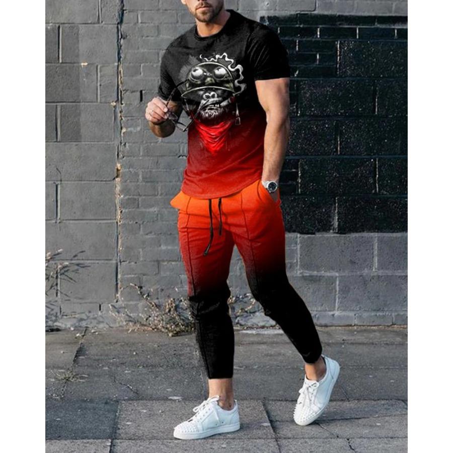 Pánské kalhoty s vtipným úsměvem, tepláková souprava, 2dílná sada, tričko s krátkým rukávem a dlouhé kalhoty, outfity, ležérní obleky, pánské oblečení