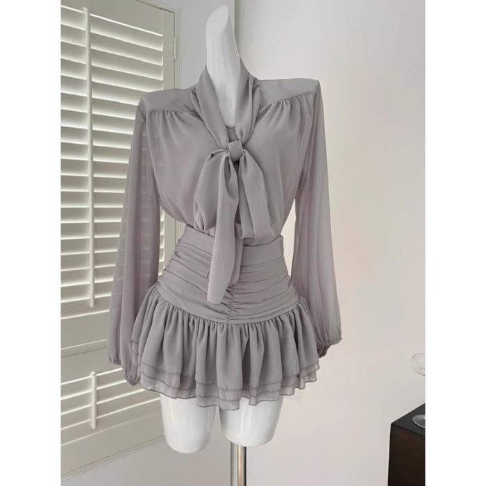 2026 Chic Socialite Lace-up Top & Bowknot Camisole with Pleated A-line Skirt Set Large серый
