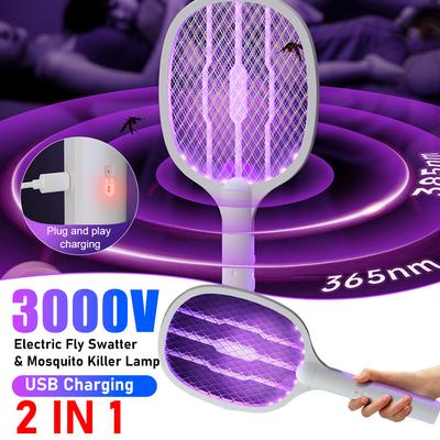Handheld Electric Fly Swatter 3000V Bug Zapper Racket 2 In 1 Fly Swatter with USB Rechargeable Mosquito Killer Lamp Pest Control