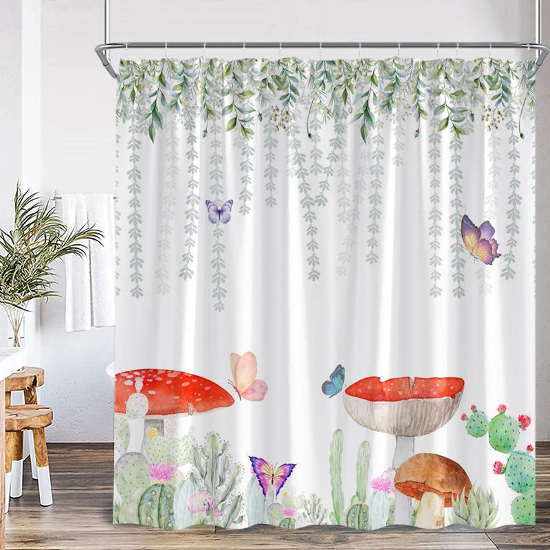 Butterfly Floral Shower Curtain Green Leaves Flowers Dragonfly Watercolour Plants Bath Curtains Polyester Fabric Bathroom Decor