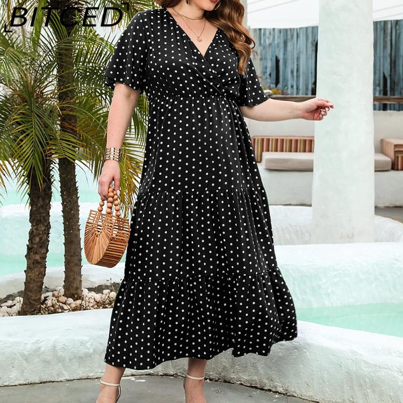 

BITCED Summer Plus Size Women s Polka Dot Casual Resort Dress V-Neck Elegant Full-Skirted Midi Dress XXXXL