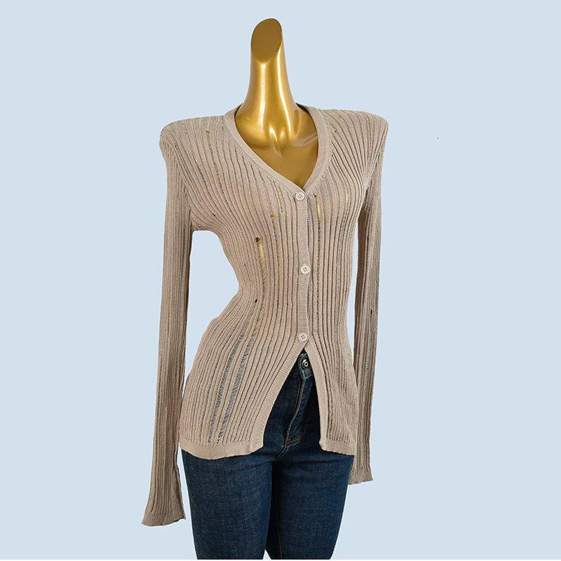 High-Grade Spring and Summer Young Style Single-Breasted Knit Cardigan Slim Fit Slimming Lazy V-neck Hollow Fashionable Top Women