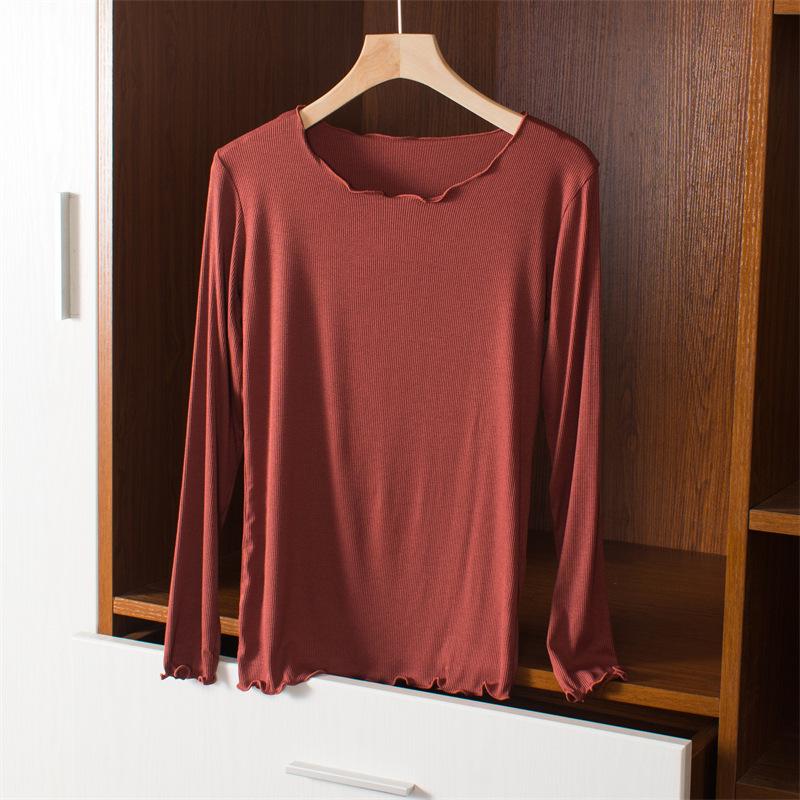 Women's Slim Fit Wood-Ear Trim Modal Long Sleeve T-Shirt, Round Neck, Plus Size, Spring/Autumn Versatile Top